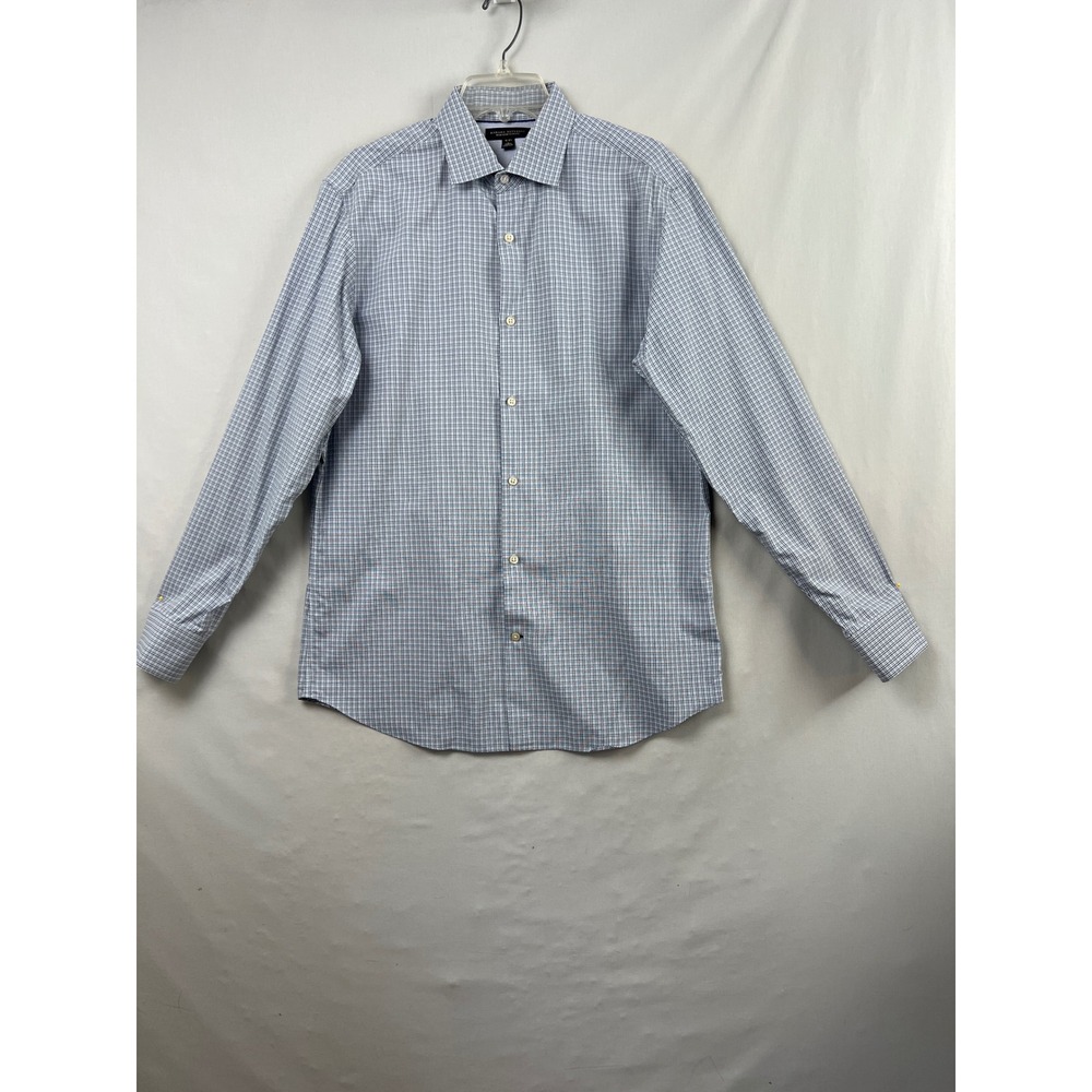 Banana Republic Dress Shirt Mens L Blue Non-Iron Slim Fit Micro-Check 16-16.5